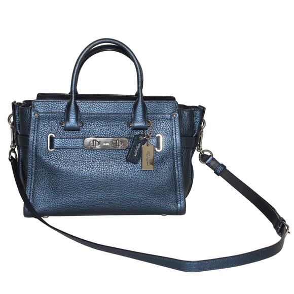 COACH Swagger 27 in Metallic Blue Pebble Leather Satchel Bag - Picture 5 of 14